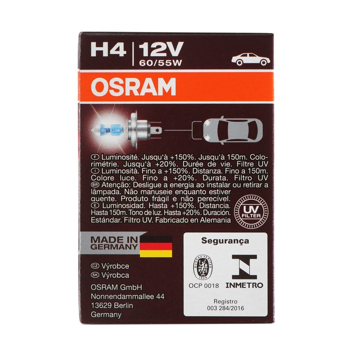 Лампа автомобильная Osram NIGHT LASER H4 P43t, 12 В, 60/55 Вт,+150%, 4050K,64193NL Лампа автомобильная Osram NIGHT LASER H4 P43t, 12 В, 60/55 Вт,+150%, 4050K,64193NL