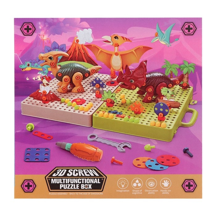 Конструктор винтовая мозаика «Диномир», с электрическим шуруповёртом, 216 деталей Конструктор винтовая мозаика «Диномир», с электрическим шуруповёртом, 216 деталей