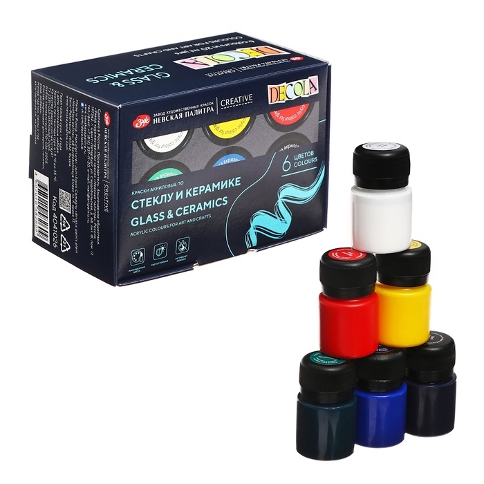 Набор красок по стеклу и керамике Decola, 6 цветов х 20 мл, 4041026 Набор красок по стеклу и керамике Decola, 6 цветов х 20 мл, 4041026