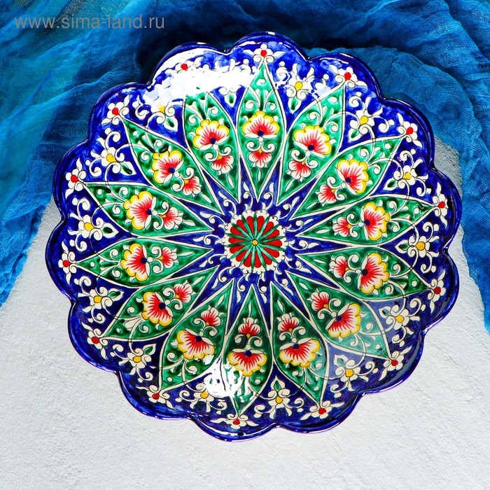 Ляган Риштанская Керамика Ляган Риштанская Керамика "Цветы", 33 см, синий, рифлёный