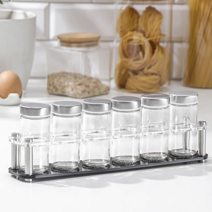 Набор для специй из стекла на подставке «Хай-тек», 90 мл, 33×6,7×10,5 см, 4×9,5 см, 6 шт Набор для специй из стекла на подставке «Хай-тек», 90 мл, 33×6,7×10,5 см, 4×9,5 см, 6 шт