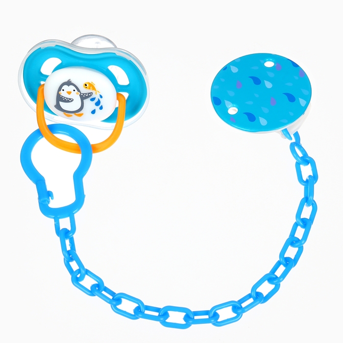 Набор: Соска - пустышка с держателем «Пингвин», анатомическая +6 мес, цвет голубой Набор: Соска - пустышка с держателем «Пингвин», анатомическая +6 мес, цвет голубой