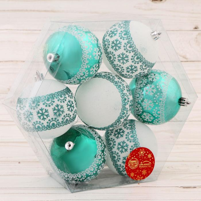 Набор шаров пластик d-8 см, 7 шт Набор шаров пластик d-8 см, 7 шт "Изумрудик - снежный орнамент" бело-зелёный