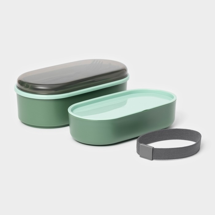 Ланч - бокс двухуровневый с крышкой &laquo;Милитари&raquo;, 17,5&times;9,2&times;6 см, 430 мл, 270 мл, столовые приборы, цвет зелёный