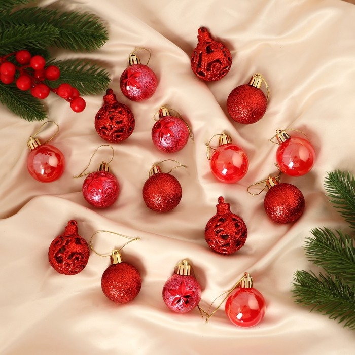 Набор шаров пластик d-4 см, 16 шт Набор шаров пластик d-4 см, 16 шт "Мелодия" орнамент, красный
