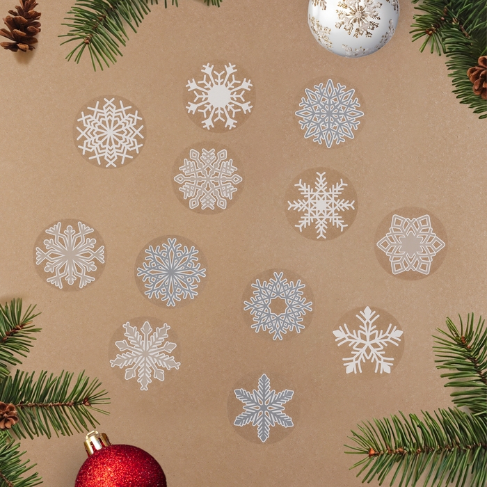 Набор наклеек новогодних Набор наклеек новогодних "Снежинки" 12 шт в наборе, белые, золото, серебро, 9 x 9 см