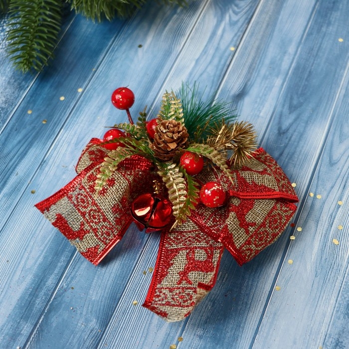Украшение ёлочное Украшение ёлочное "Еловая композиция" (набор 2 шт) бант с принтом, 12х11 см, красный