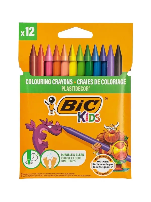 Цветные мелки 12 цветов BIC Kids Plastidecor, детские, пластиковые, ударопрочные