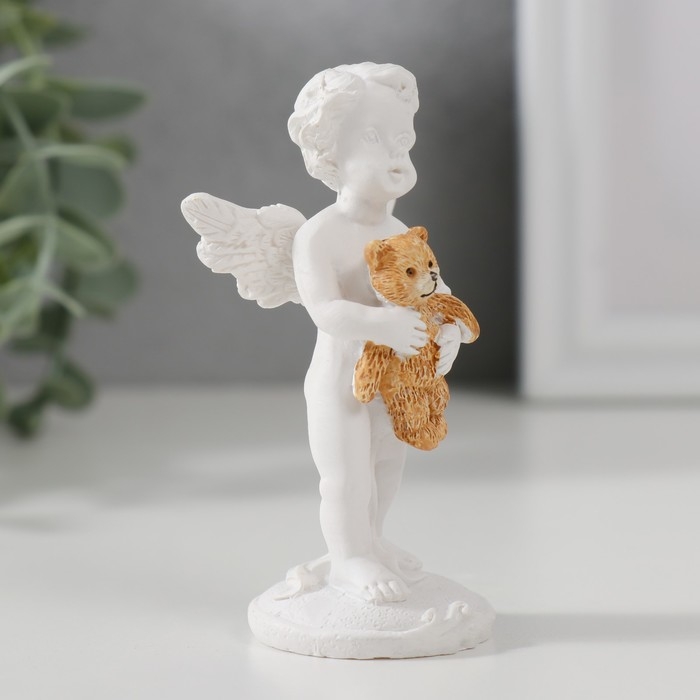 Сувенир полистоун "Белоснежный ангел стоит со своим медвежонком" 8х4,5х3,5 см