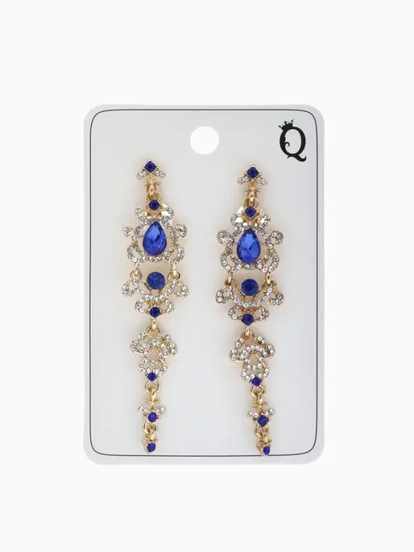 Клипсы для ушей висячие со стразами QF &laquo;Ажур&raquo;, капли с завитками, бело-синяя в золоте