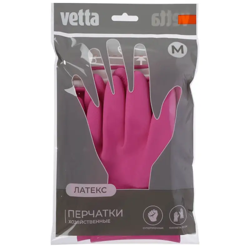 Перчатки с манжетой тм VETTA, размер М, 38см, пара 100г, латекс, розовый цвет