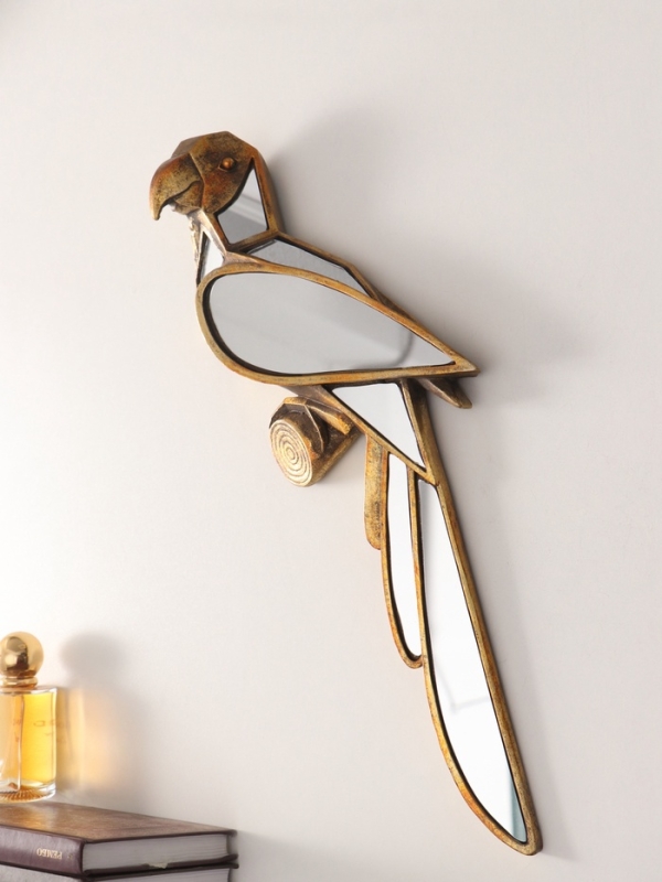 Панно интерьерное полистоун "Зеркальный попугай" золото 42,8х14х6 см