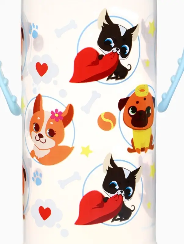 Бутылочка для кормления M&B &laquo;ТРЕНД. Песики&raquo;, классическое горло, с ручками, от 3 мес., 250 мл., цилиндр, голубой