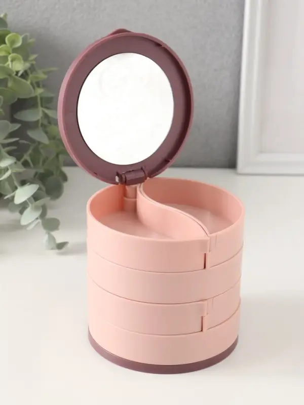 Шкатулка - органайзер для хранения украшений &laquo;Круглая. 4 уровня&raquo;, пластик, зеркало, розовая, 10&times;10&times;10 см