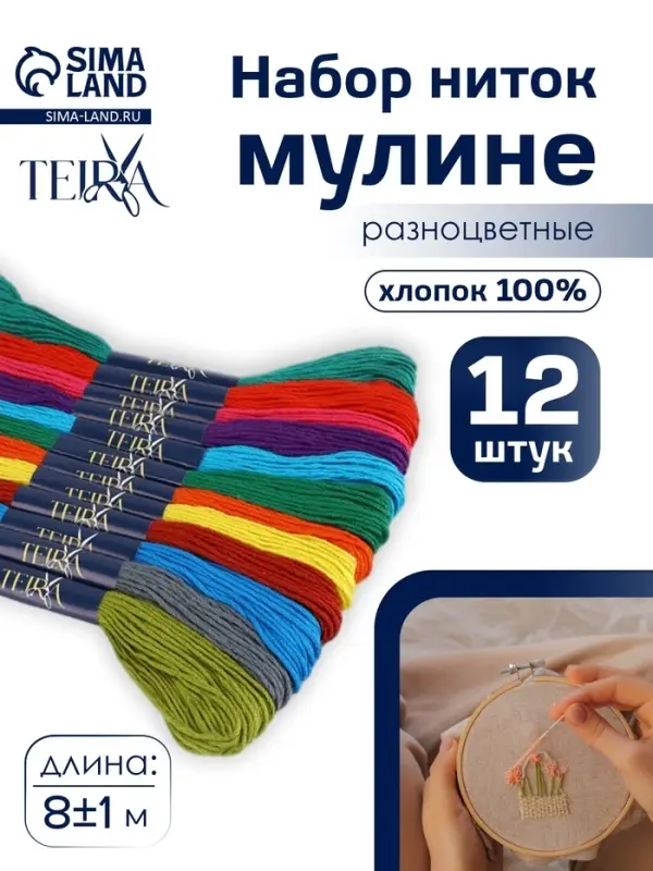 Нитки мулине TEIRA, 8&plusmn;1 м, набор 12 шт., хлопок, разноцветные