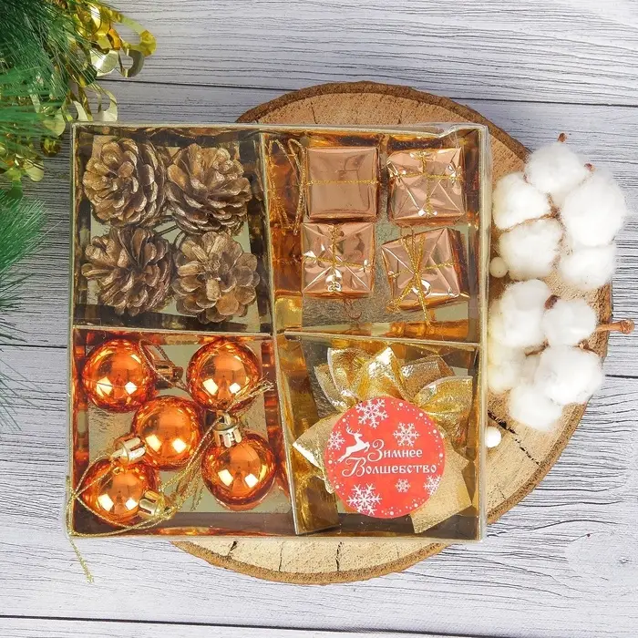 Ёлочные игрушки &laquo;Сюрприз&raquo;, шары новогодние, набор 17 шт. (4 шишки, 4 подарка, 4 банта, 4 шара, 5 шариков)