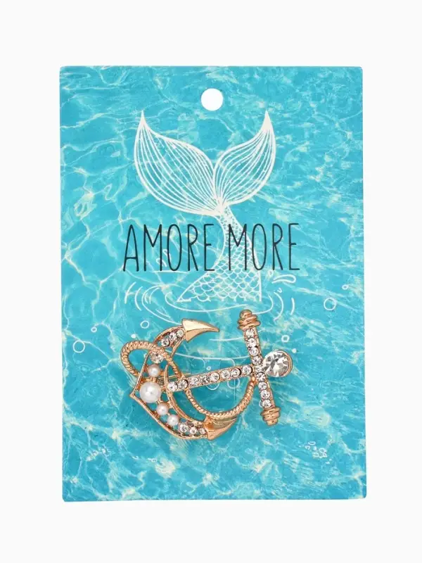 Брошь &laquo;Якорь с бусинками&raquo;, белая в золоте