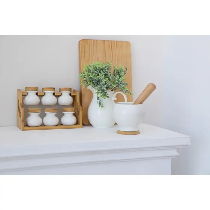 Ступка для специй BellaTenero, 380 мл, с пестиком, на бамбуковой подставке, фарфор, белая