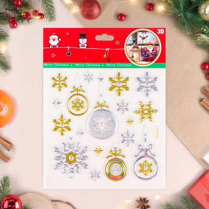 Наклейки на окна "Новогодние" снежинки, шарики, 24 х 19 см