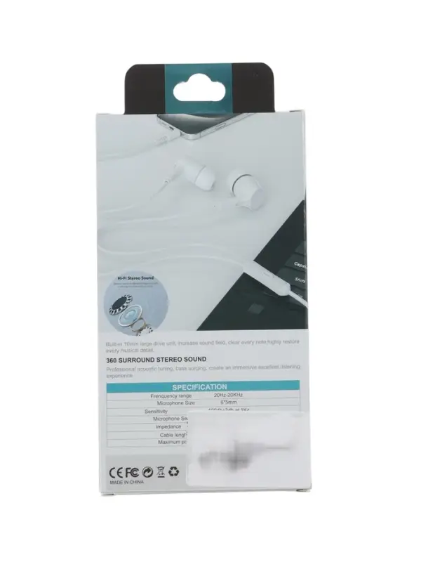 Наушники проводные SY-005, вакуумные, микрофон, Jack 3.5 мм, белые