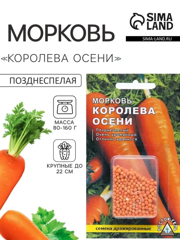 Семена Морковь &laquo;Королева осени&raquo;, простое драже, 300 шт., позднеспелая, &laquo;Росток-гель&raquo;