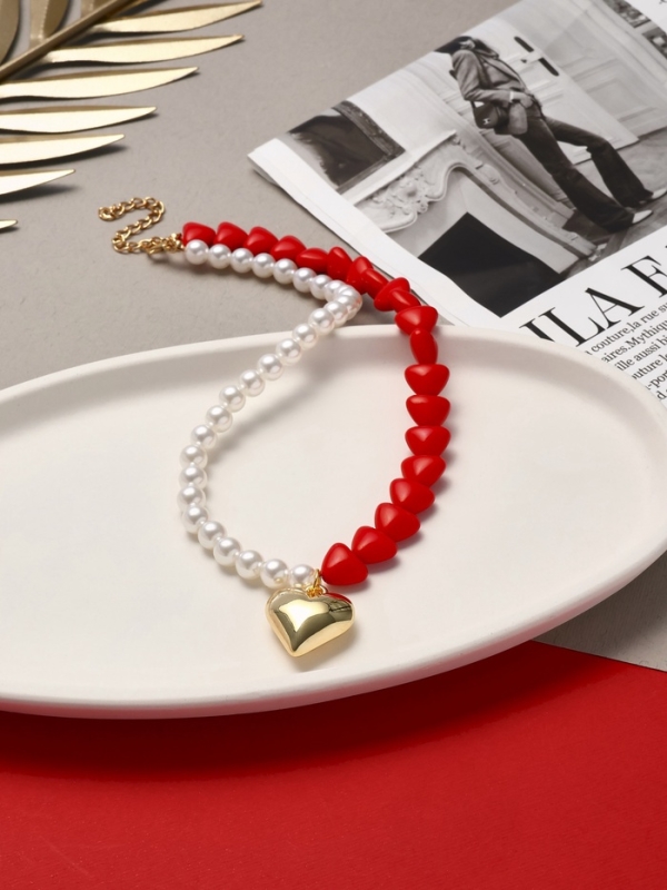 Бусы с жемчугом «Сердце» бусины, красно-белый в золоте