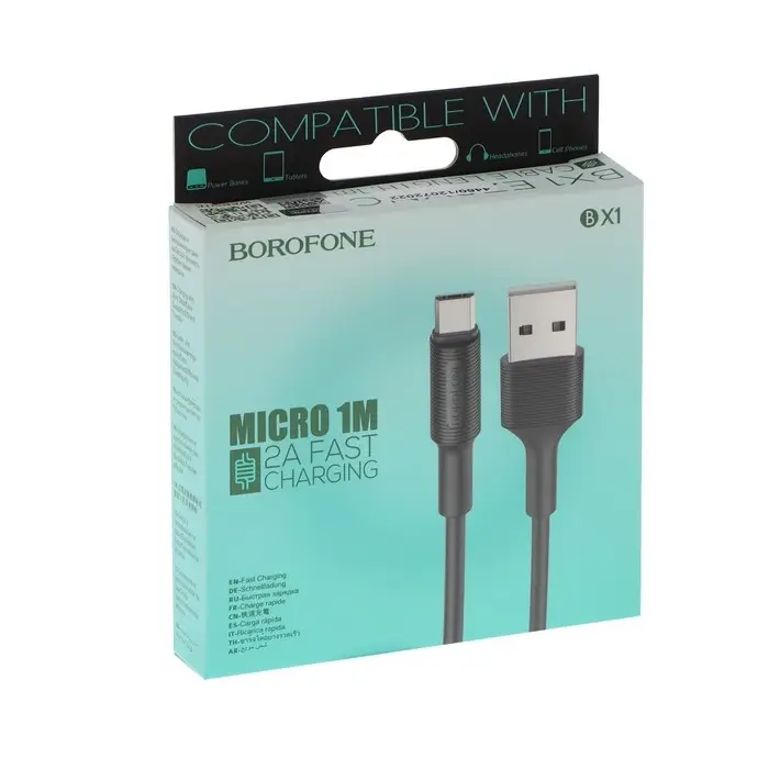 Кабель Borofone BX1, microUSB - USB, 2.4 А, 1 м, PVC оплётка, чёрный