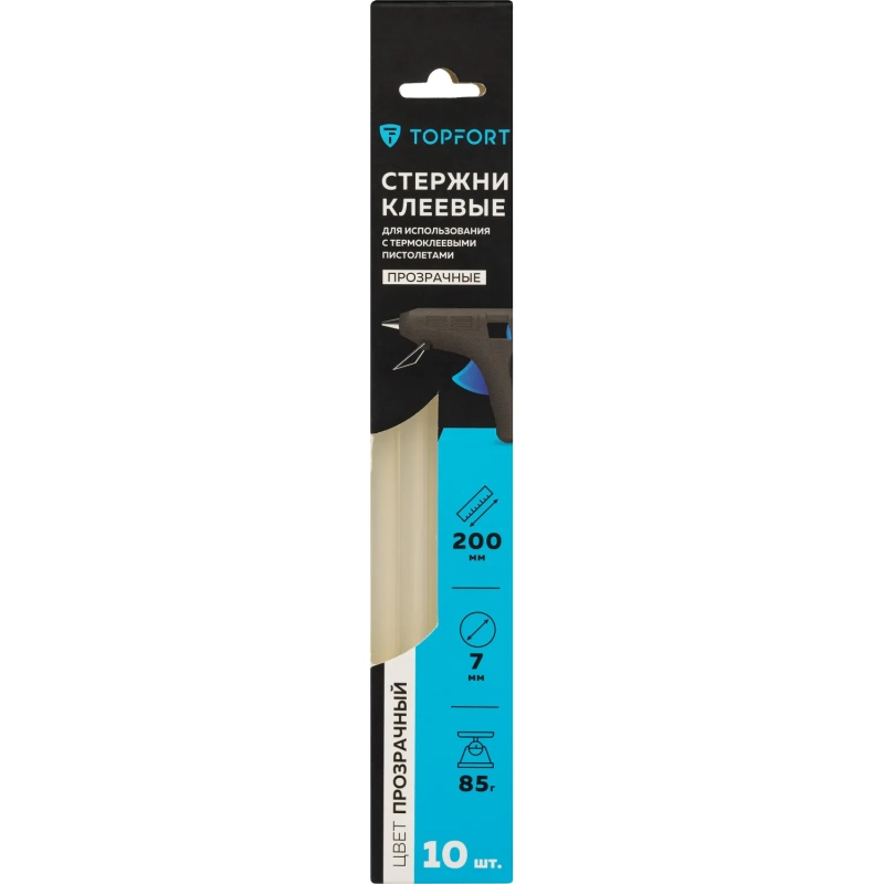 Стержни клеевые прозрачные 7x200, упаковка 10 штук, Topfort