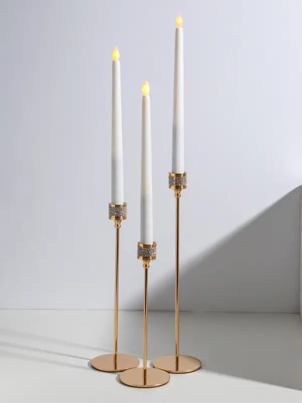 Подсвечник металл "Кольцо из страз" d=2,2 см набор 3 шт золото h=22, 27, 32 см