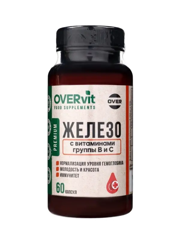 Железо с витаминами В3, В6, В9, В12, С OVERvit, 60 капсул