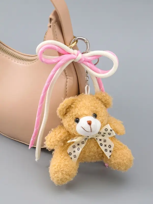 Брелок текстиль "Мишка с бело-розовым бантиком" бежевый 6х9,5х20 см
