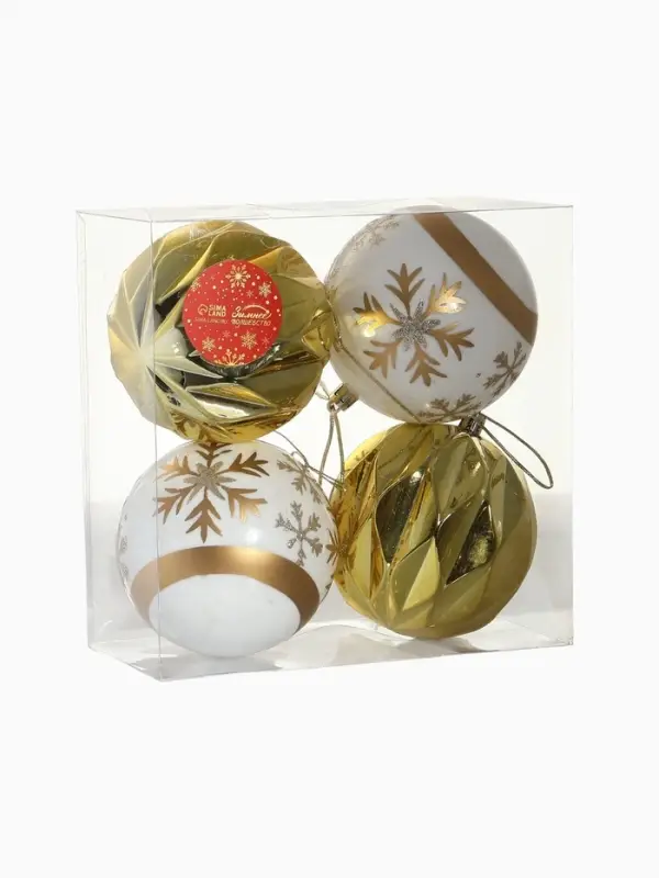 Ёлочные игрушки &laquo;Праздничные узоры&raquo;, шары новогодние, d=10 см, набор 4 шт., грани, золотисто-белый