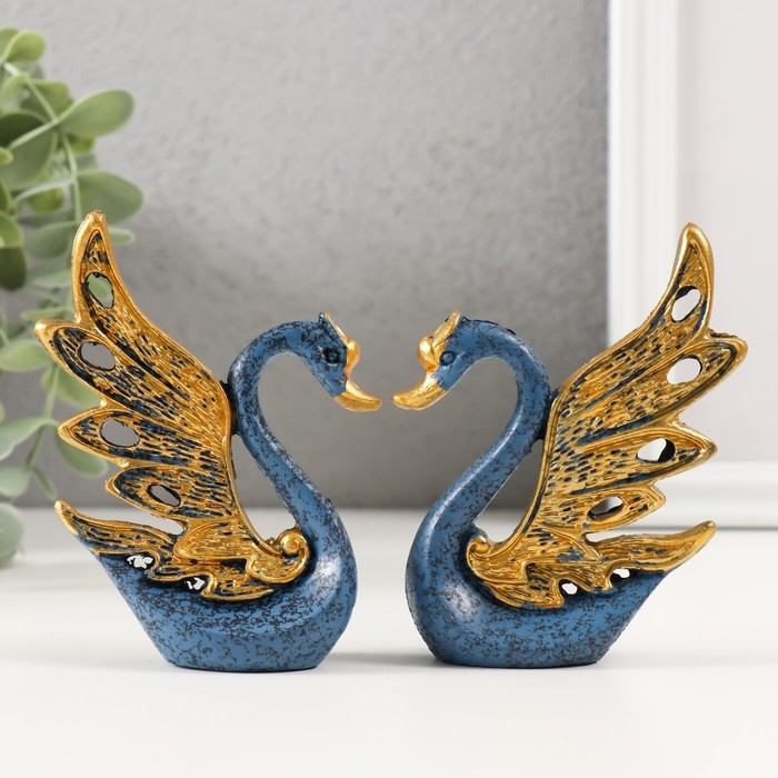 Сувенир полистоун Сувенир полистоун "Синий лебедь с золотыми крыльями" набор 2 шт 2,5х7,5х9 см