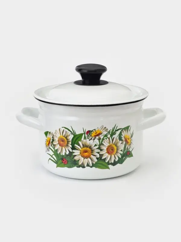 Кастрюля эмалированная, 2 л, с крышкой, деколь МИКС, белая