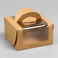 Коробка под бенто-торт с окном, крафт, 14&times;14&times;8 см