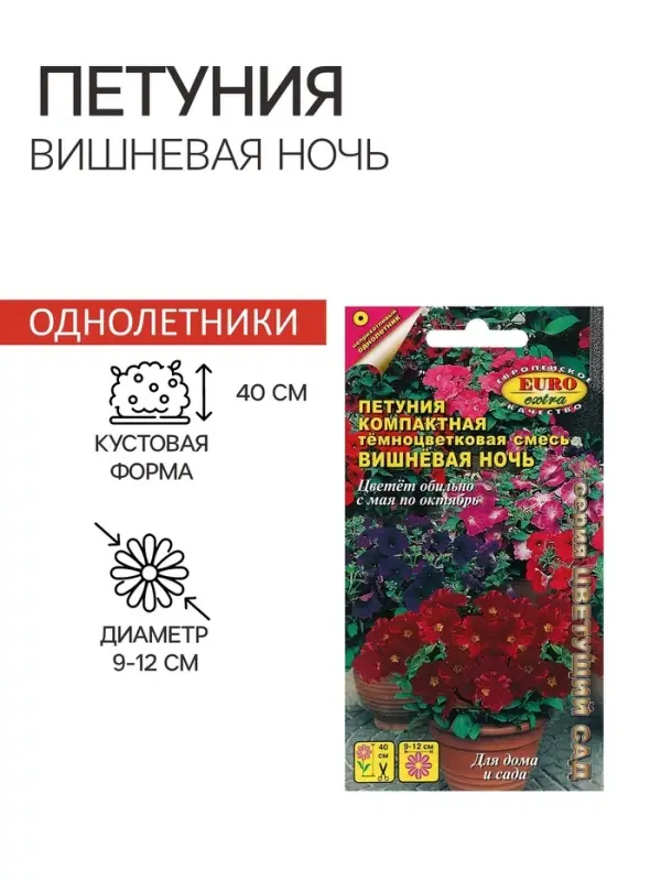 Семена цветов Петуния  Семена цветов Петуния "Вишневая ночь", компактная, низкорослая, 0,05 г