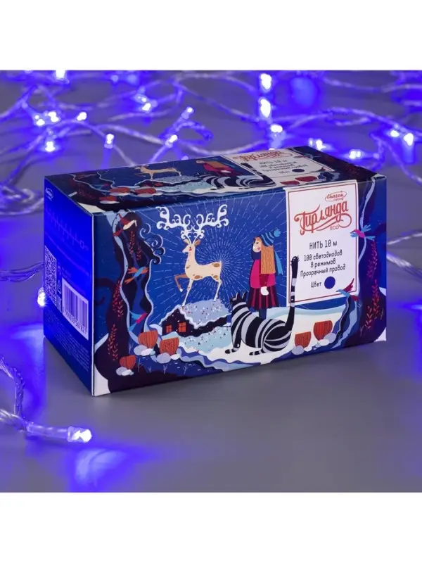 Гирлянда &laquo;Нить&raquo; 10 м, IP20, прозрачная нить, 100 LED, 8 режимов, 220 В, свечение синее