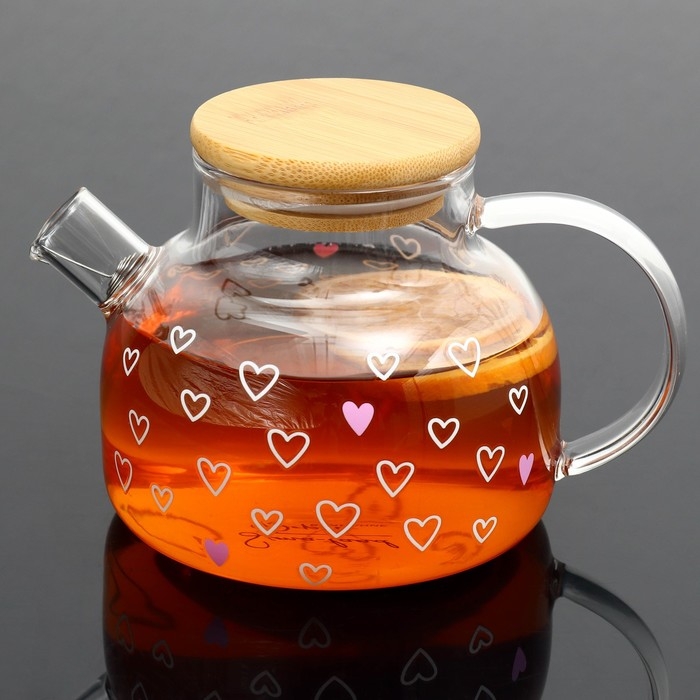 Чайник стеклянный заварочный с бамбуковой крышкой «Сердечки», 600 мл Чайник стеклянный заварочный с бамбуковой крышкой «Сердечки», 600 мл
