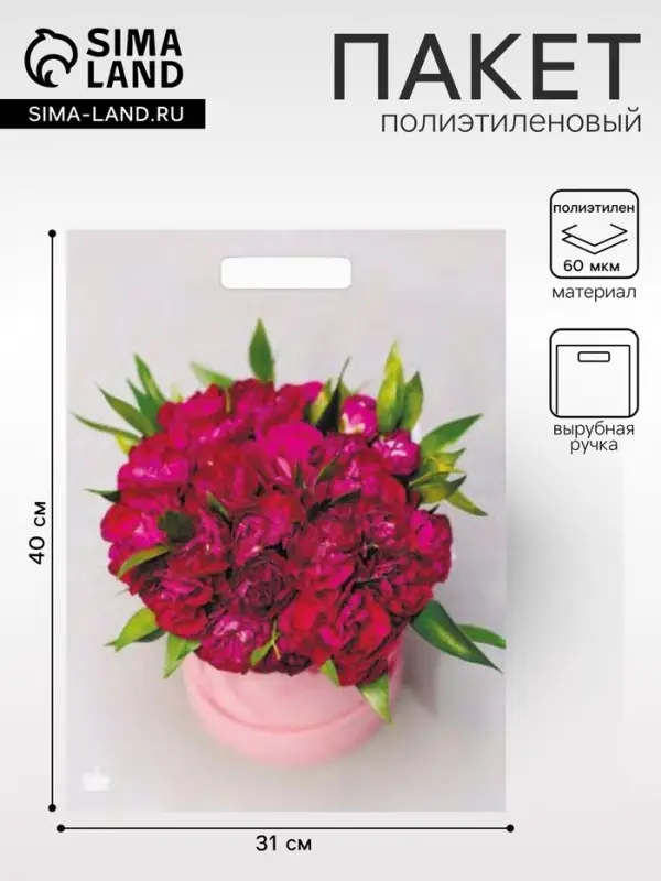 Пакет &laquo;Букет пионов&raquo;, полиэтиленовый, с вырубной ручкой, 31&times;40 см, 60 мкм