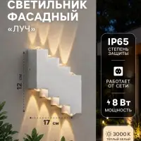 Светильник фасадный &laquo;Луч&raquo;, 8 Вт, 3000К, 4 луча, IP65, 220 В, металлический корпус, белый, свечение тёплое белое