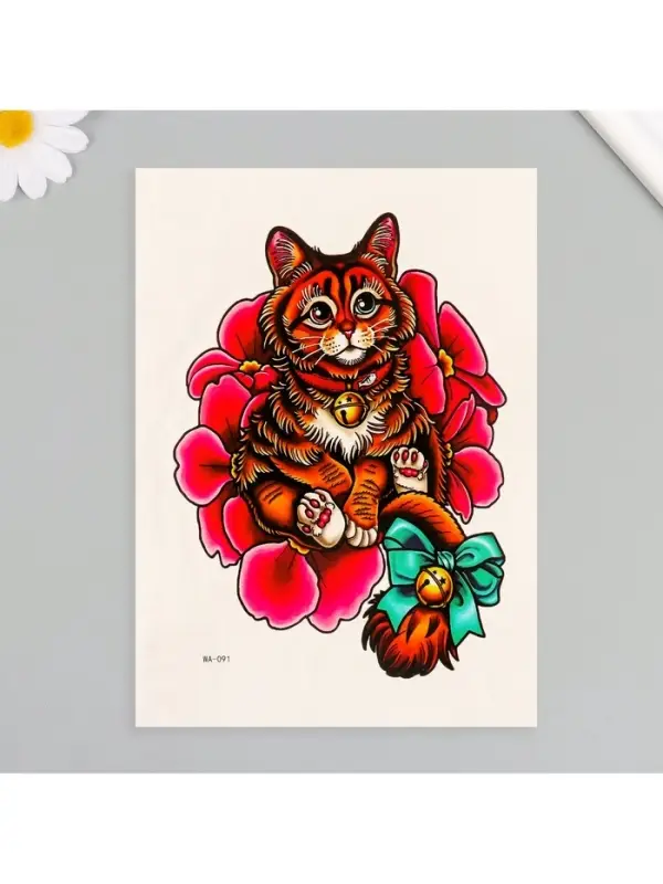Переводная тату на тело цветная &laquo;Котик с бубенцом&raquo;, 26.1&times;14.6 см