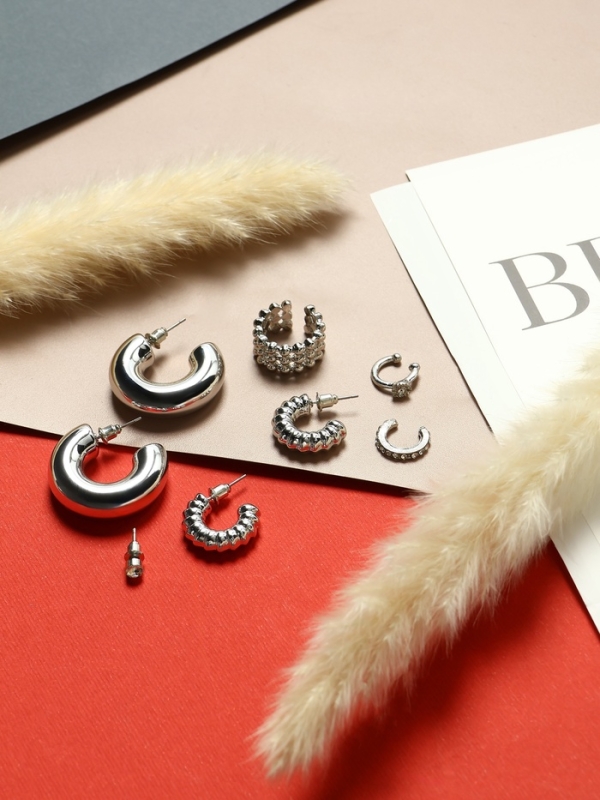 Серьги и каффы «Бублик», набор 9 шт. цвет серебро