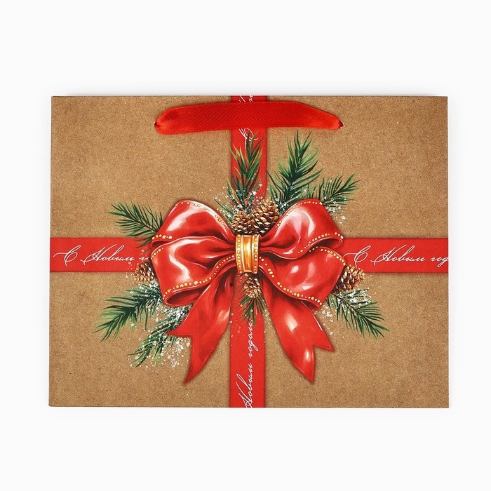 Пакет подарочный новогодний крафтовый вертикальный «С Новым годом», бант, MS 18 х 23 х 10 см, Новый год Пакет подарочный новогодний крафтовый вертикальный «С Новым годом», бант, MS 18 х 23 х 10 см, Новый год