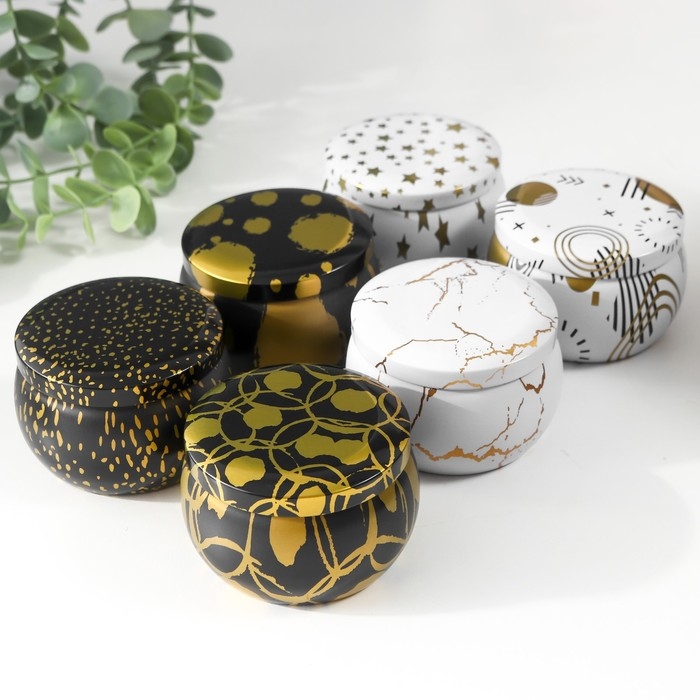Шкатулка металл круглая Шкатулка металл круглая "Рисунки золотом на белом и чёрном" МИКС 5,2х7,5х7,5 см