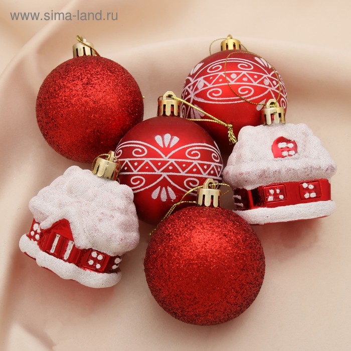 Набор украшений пластик 6 шт Набор украшений пластик 6 шт "Праздник" (4 шара, 2 домика) 6 см, красный