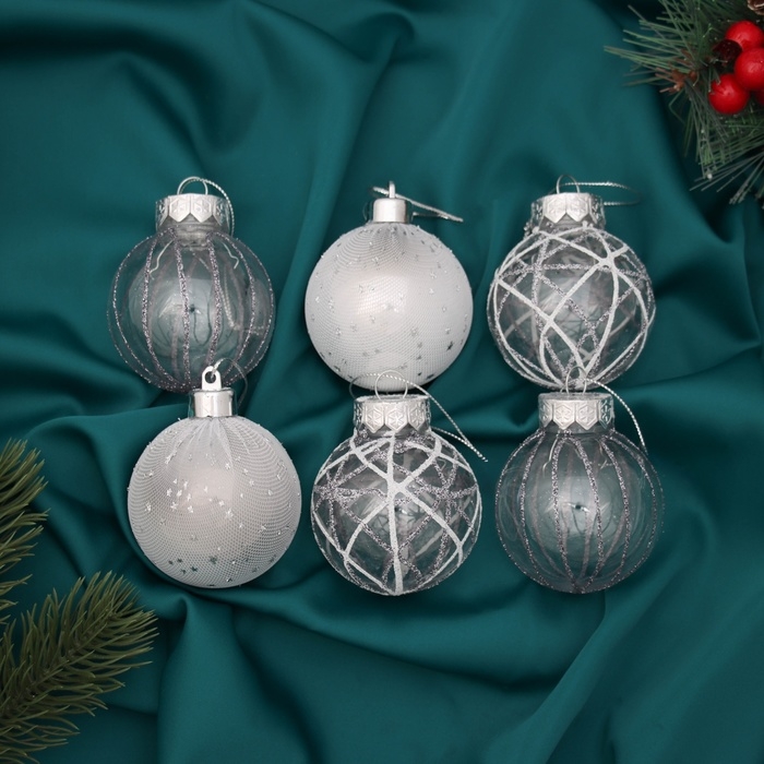 Набор шаров пластик d-6 см, 6 шт Набор шаров пластик d-6 см, 6 шт "Зимняя долина" серебро