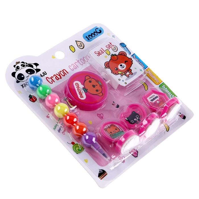 Набор для рисования: печать 3 шт., штемпельная подушка, карандаш 7 цветов, цвет розовый Набор для рисования: печать 3 шт., штемпельная подушка, карандаш 7 цветов, цвет розовый