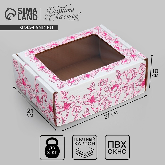 Коробка подарочная сборная с окном, упаковка, «Цветы», белый ,27х10х21 см Коробка подарочная сборная с окном, упаковка, «Цветы», белый ,27х10х21 см