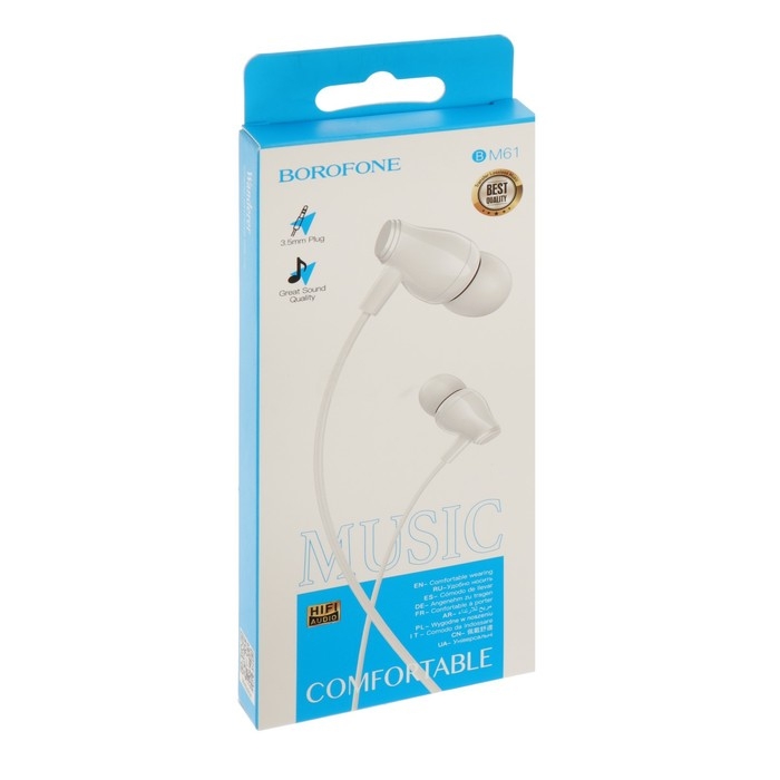 Наушники Borofone BM61 Wanderer, вакуумные, микрофон, Jack 3.5 мм, кабель 1.2 м, белые Наушники Borofone BM61 Wanderer, вакуумные, микрофон, Jack 3.5 мм, кабель 1.2 м, белые