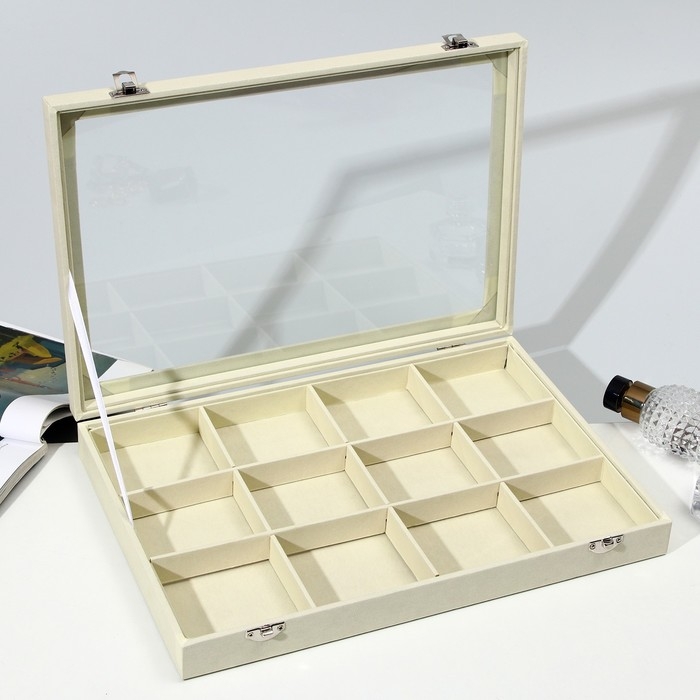 Подставка для украшений &laquo;Шкатулка&raquo; 12 ячеек, стеклянная крышка, цвет бежевый